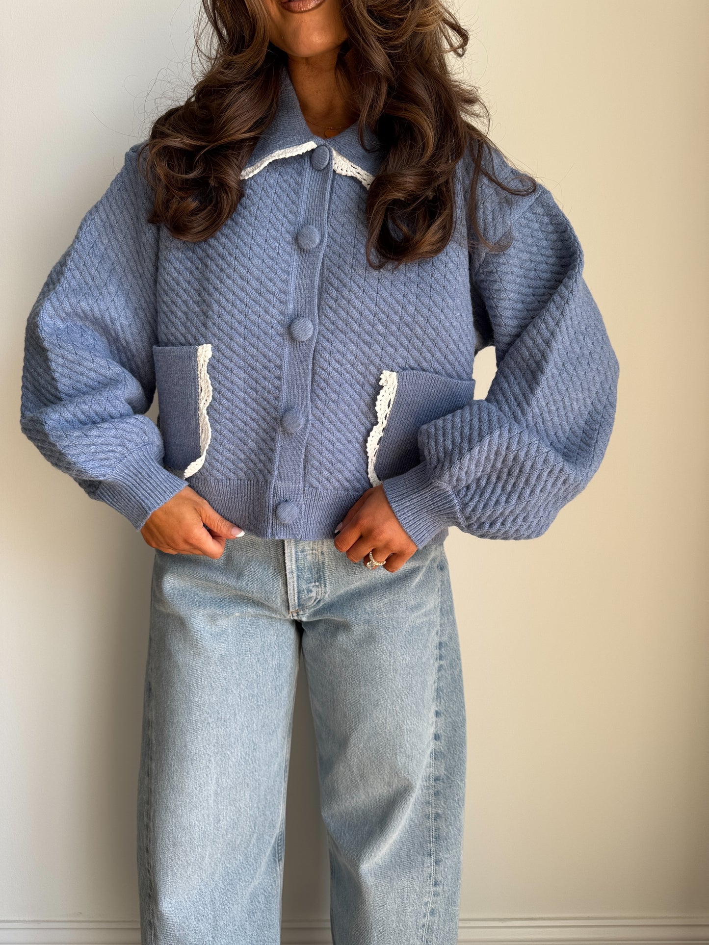 Denim Buttercream Knit Cardigan (can’t restock)