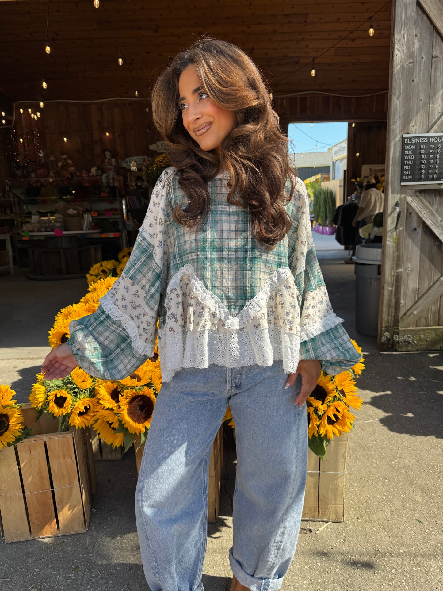 Willow Patch Plaid Ruffle Top with Balloon Sleeves PRE ORDER ADDED