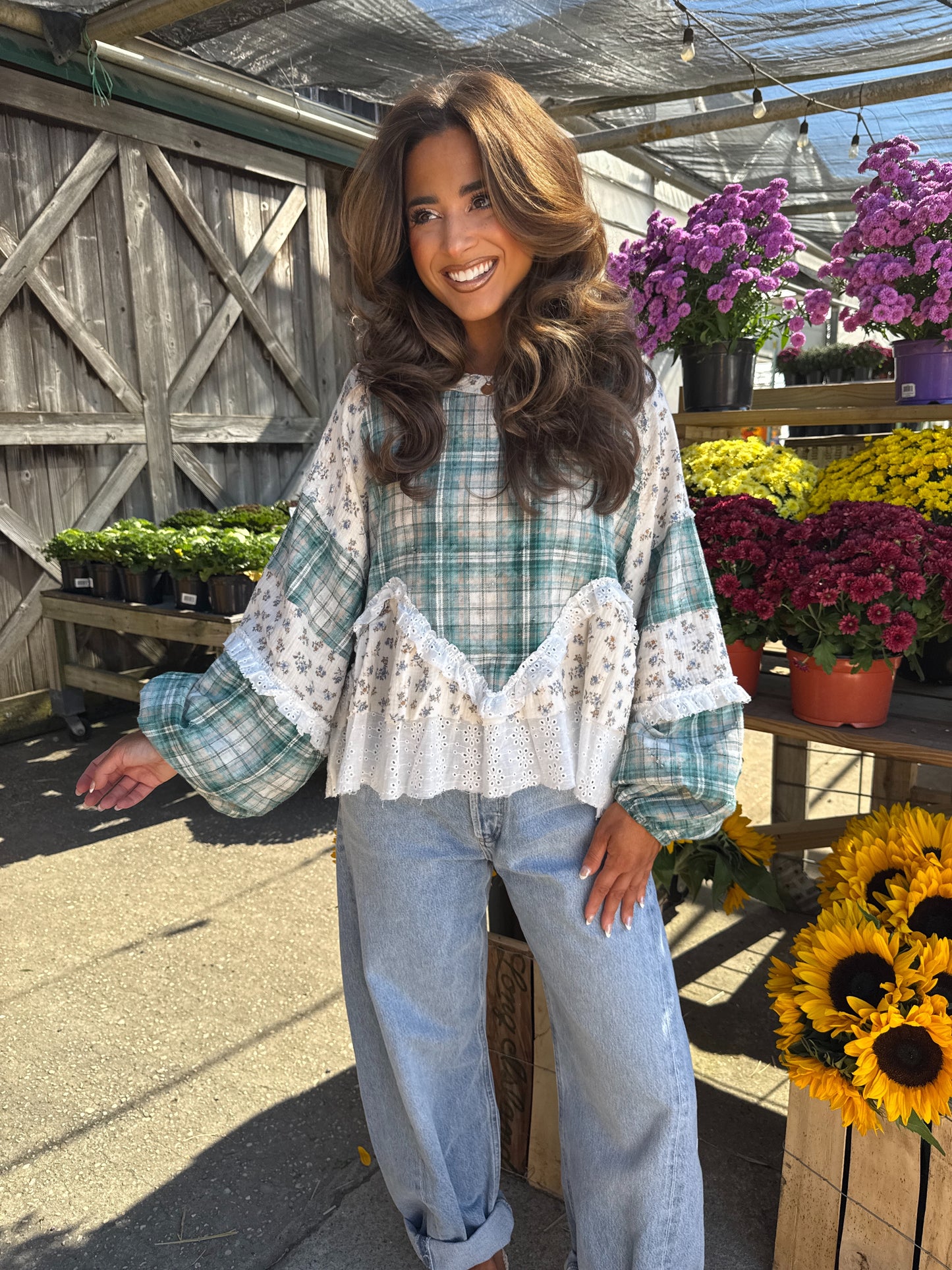 Willow Patch Plaid Ruffle Top with Balloon Sleeves PRE ORDER ADDED
