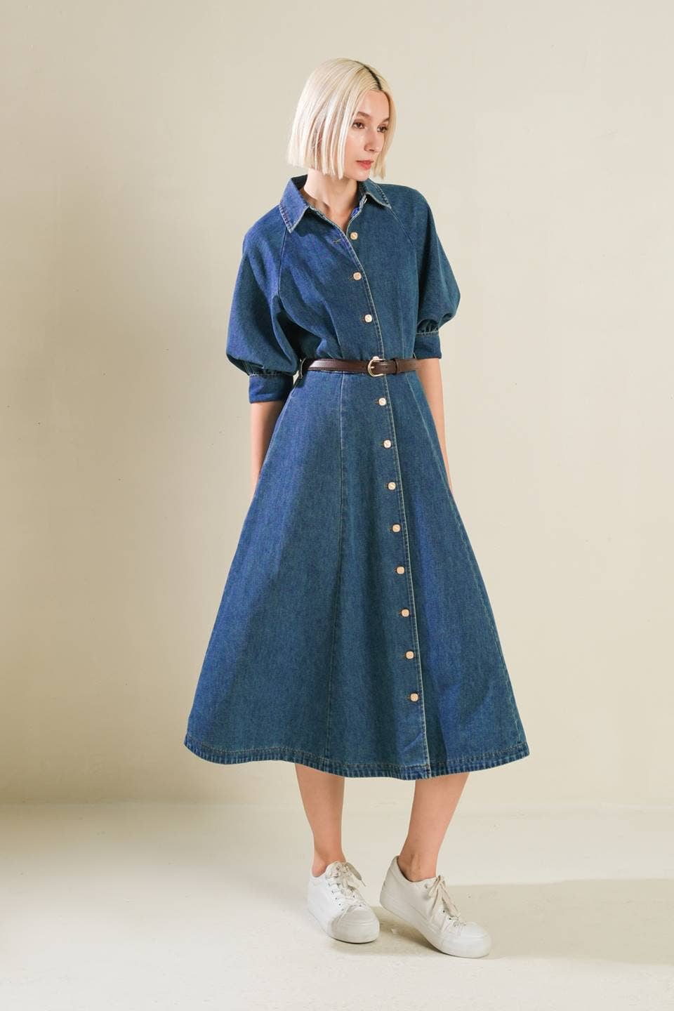 Denim Puff Sleeve Belted Midi