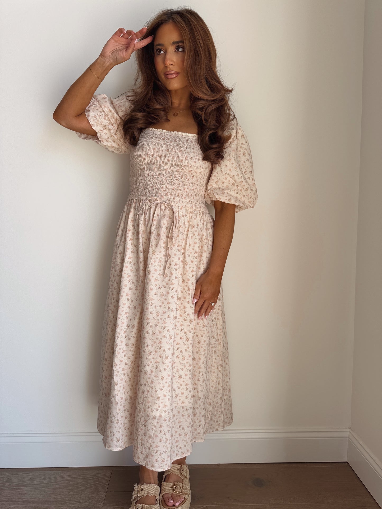 Heirloom Rose Puff Sleeve Midi Dress