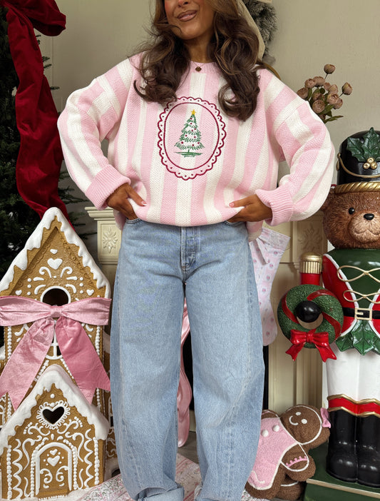 Pink Candy Cane Coquette Christmas Tree Sweater ๐๐