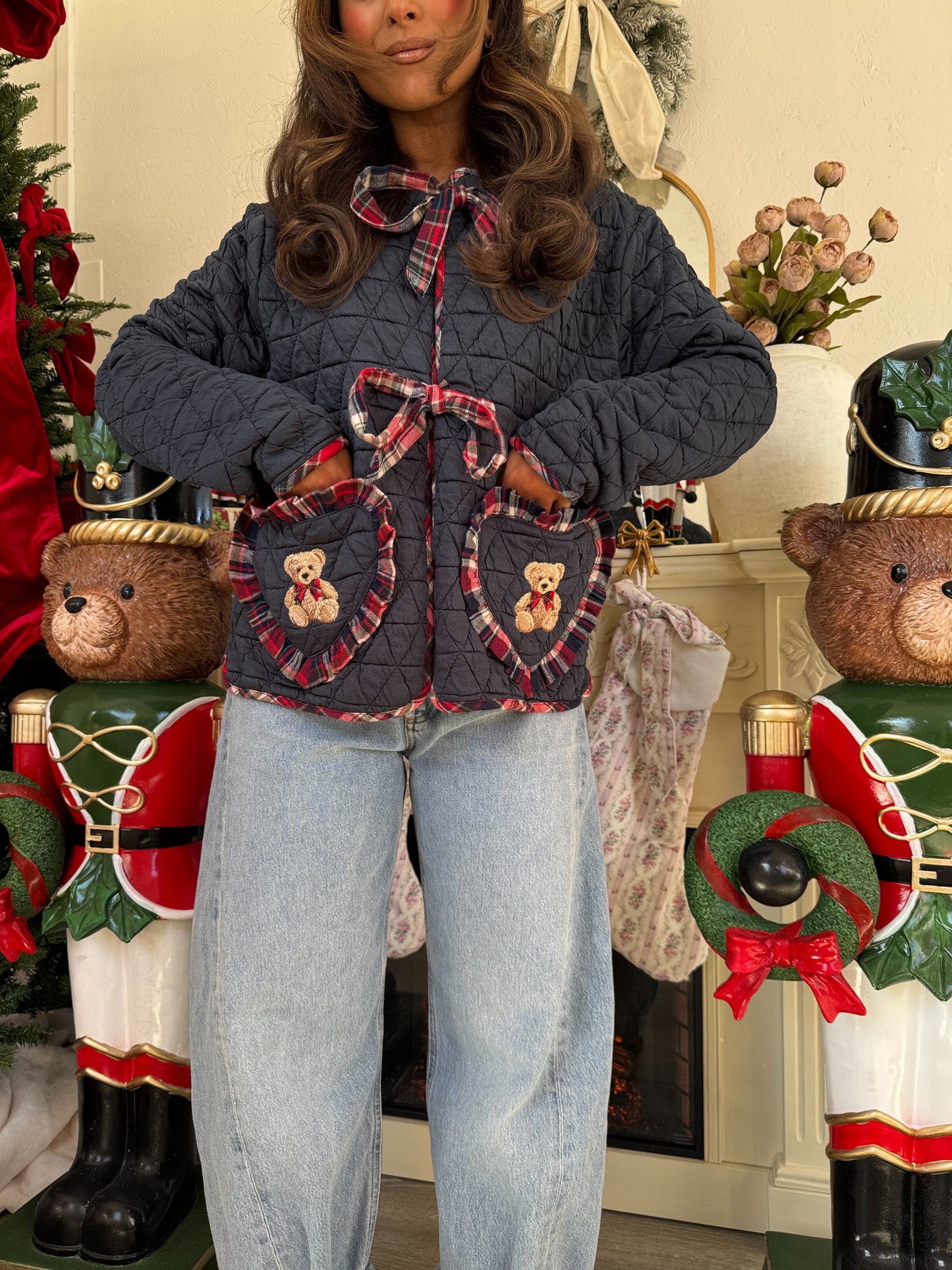 Mistletoe Teddy Bow Plaid Cardigan PRE ORDER ADDED NOVEMBER