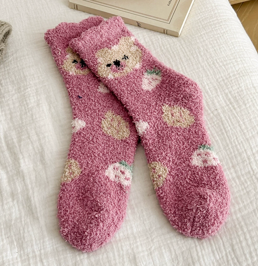 Assorted Fuzzy Cozy Bear Strawberry Socks for Women