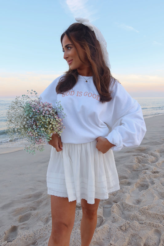 God is Good embroidered crew (white with pink text)