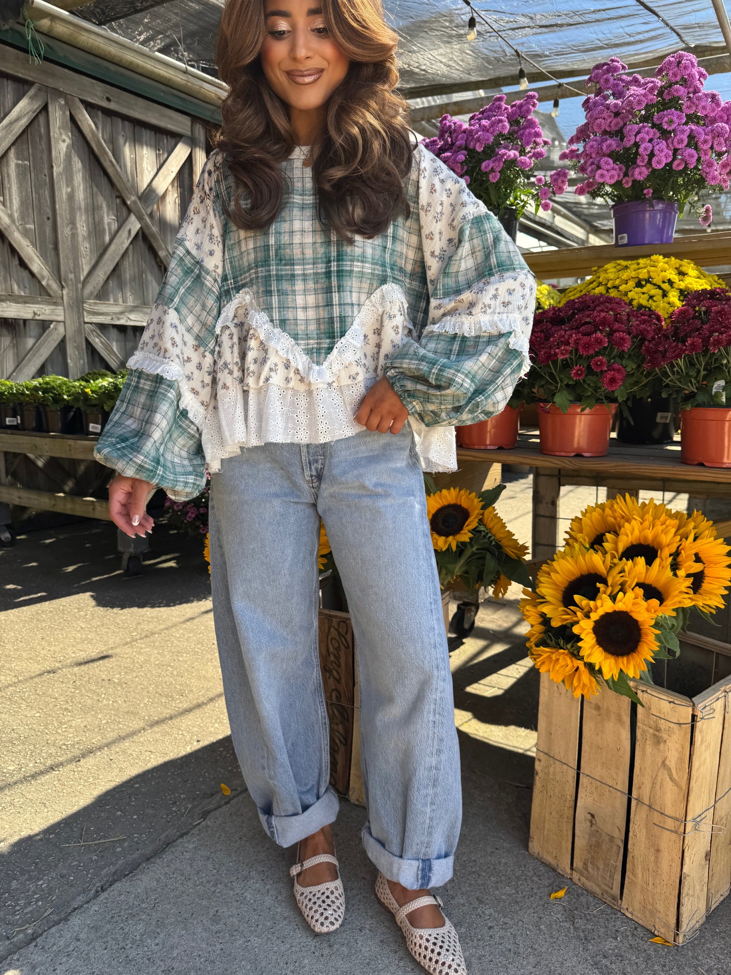 Willow Patch Plaid Ruffle Top with Balloon Sleeves PRE ORDER ADDED