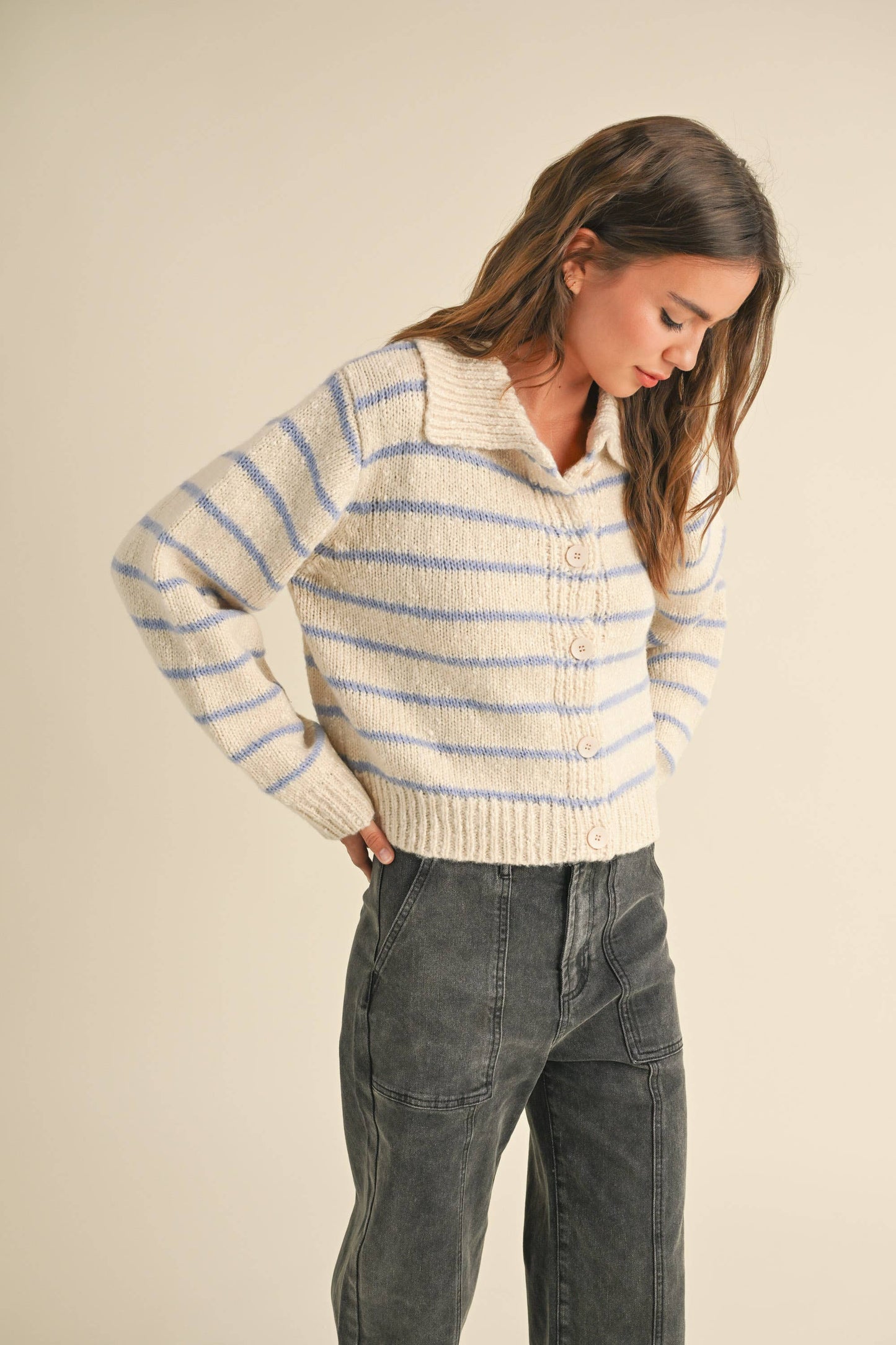 SKY BUTTONDOWN STRIPED KNITTED CARDIGAN