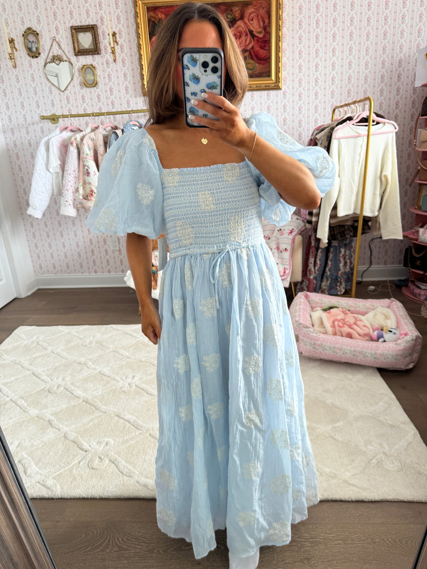 Blue puff sleeve midi worth collective medium