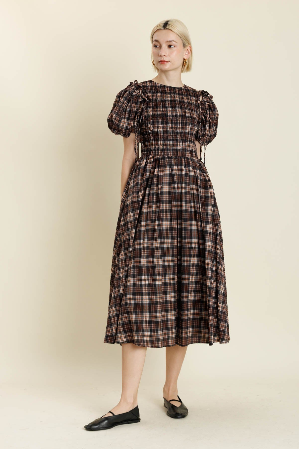 Darling Brown Sugar Puff Sleeve Midi Dress