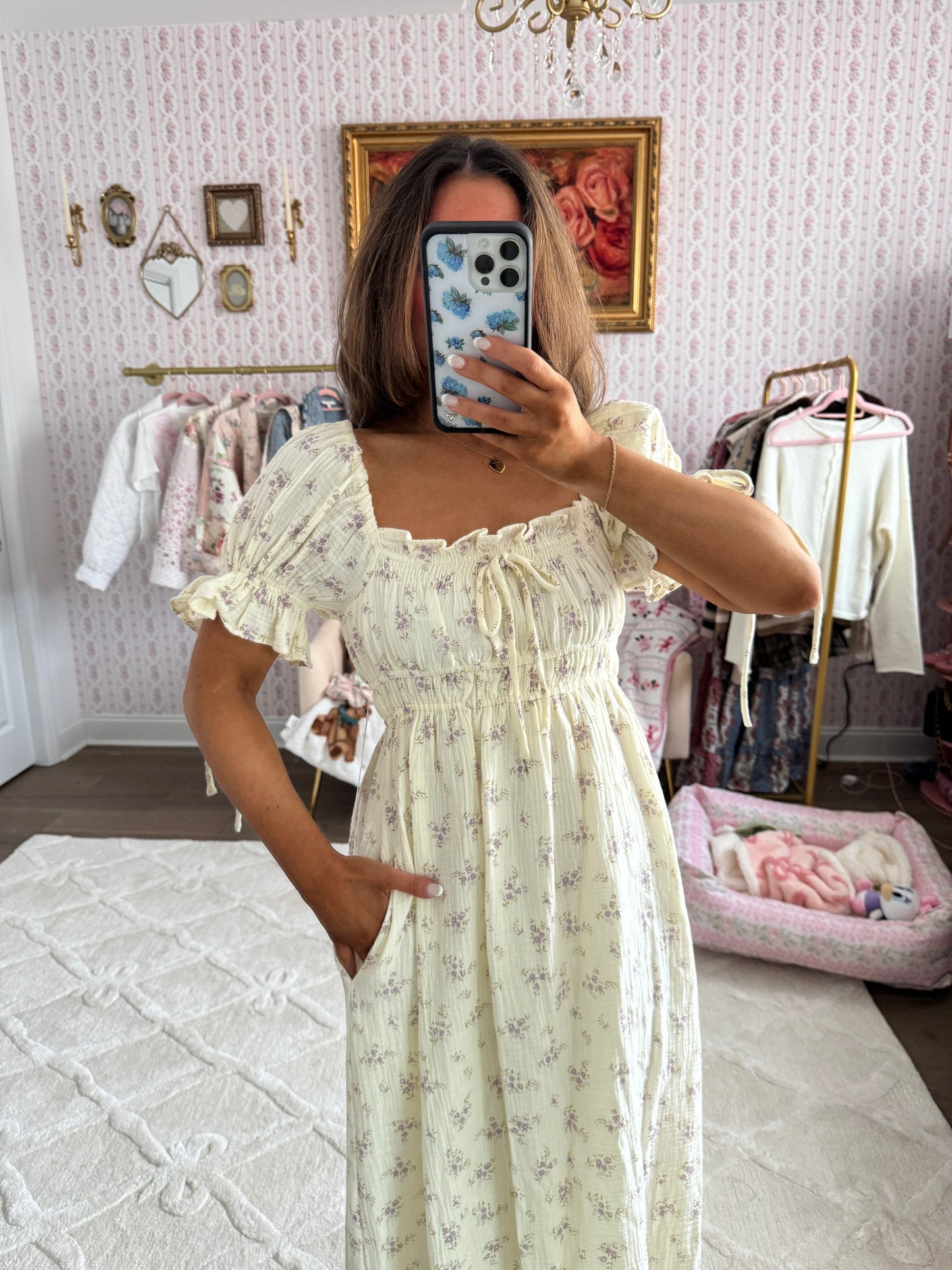 Puff sleeve floral midi cotton worth collective XS
