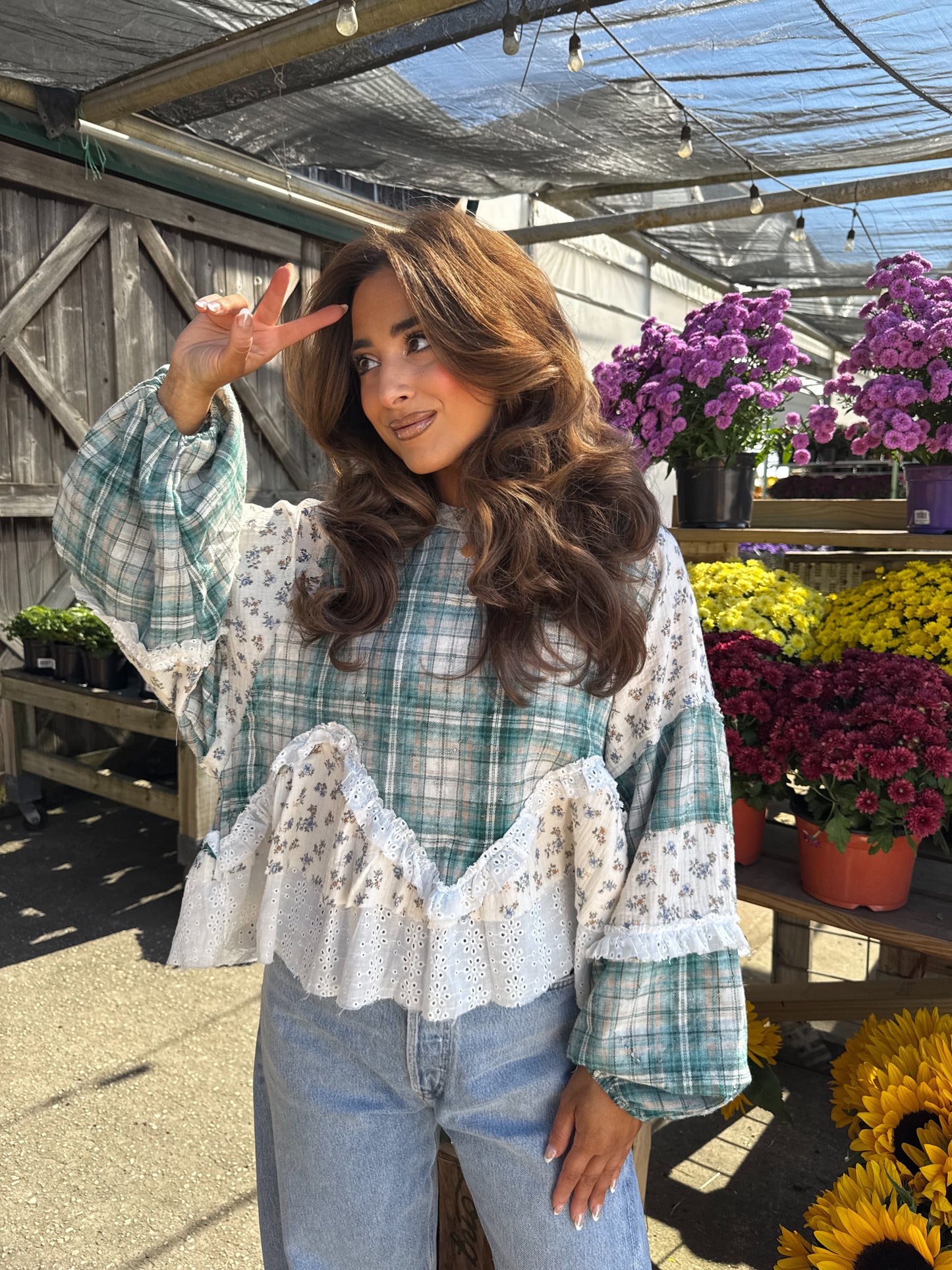 Willow Patch Plaid Ruffle Top with Balloon Sleeves PRE ORDER ADDED