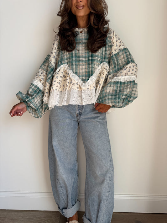 Willow Patch Plaid Ruffle Top with Balloon Sleeves PRE ORDER ADDED