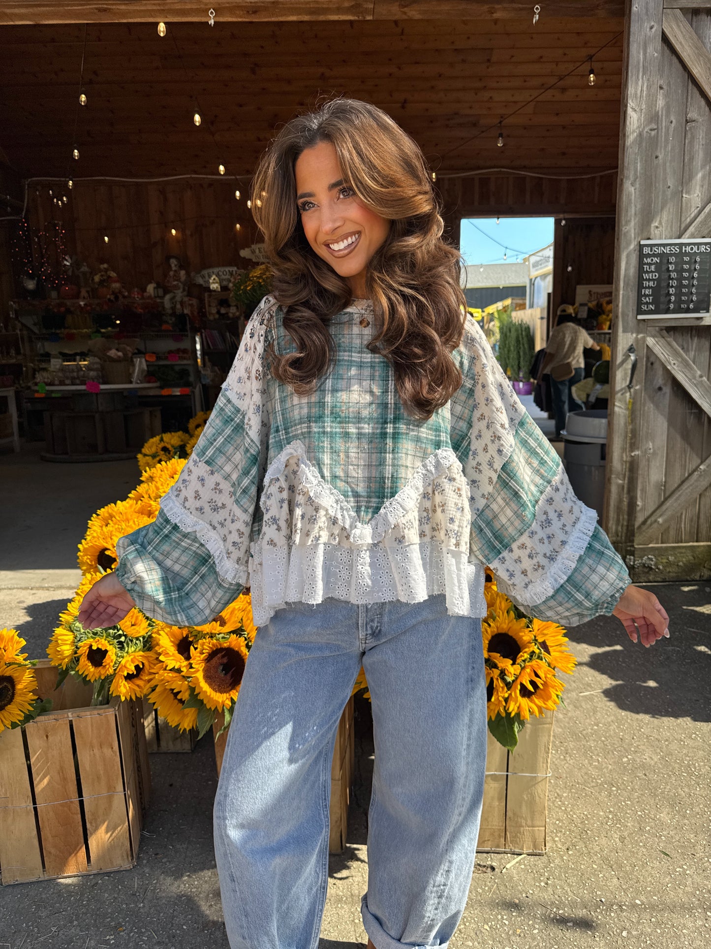 Willow Patch Plaid Ruffle Top with Balloon Sleeves PRE ORDER ADDED