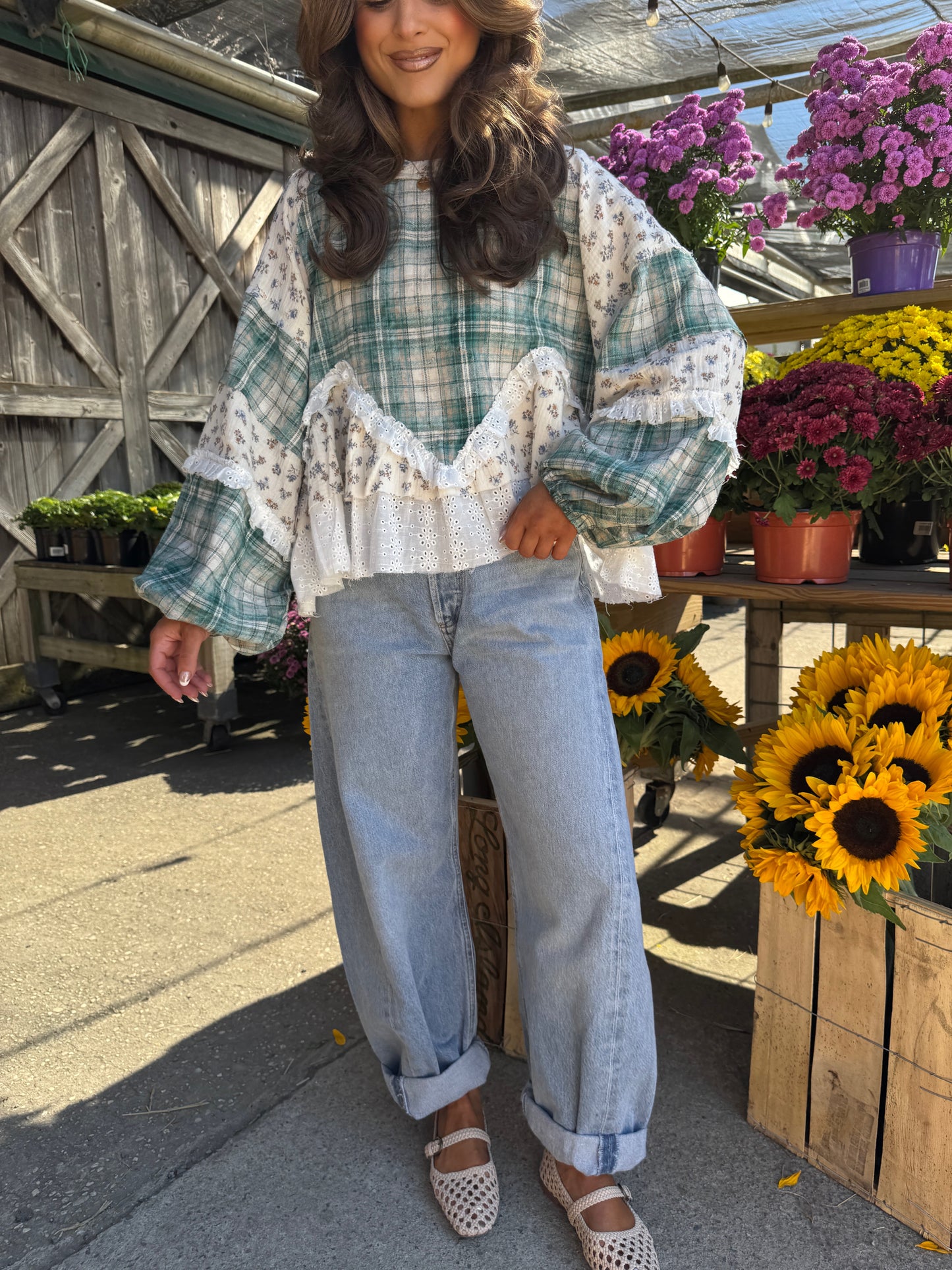 Willow Patch Plaid Ruffle Top with Balloon Sleeves PRE ORDER ADDED