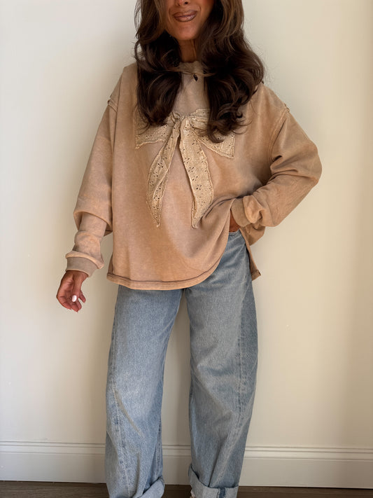 Taupe & Bow Eyelet Crewneck
