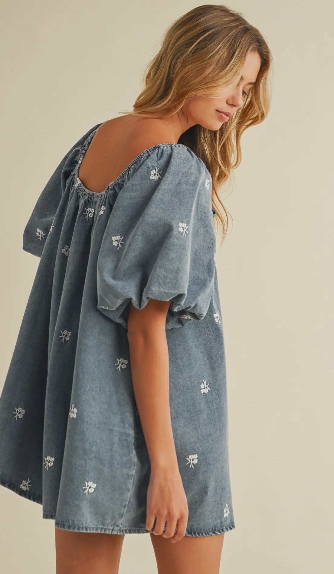 Denim Daisy Puff Sleeve Romper