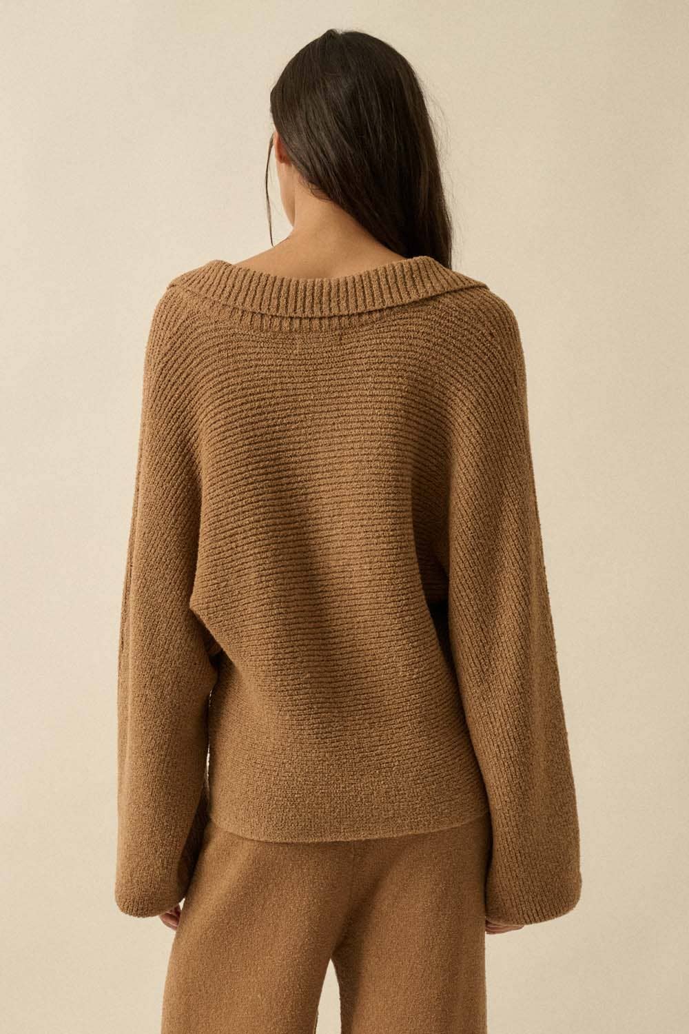 S’mores Ribbed Knit Split-Neck Collared Sweater