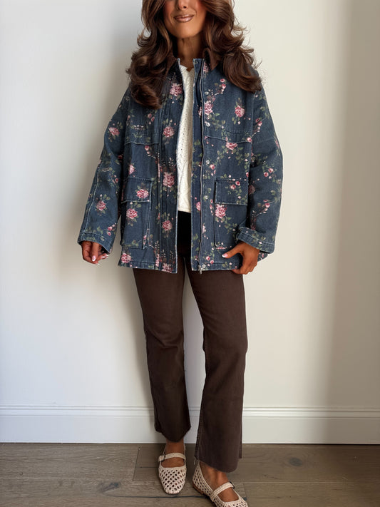 Denim In Bloom Pink Rose Barn Jacket (Can’t Restock)