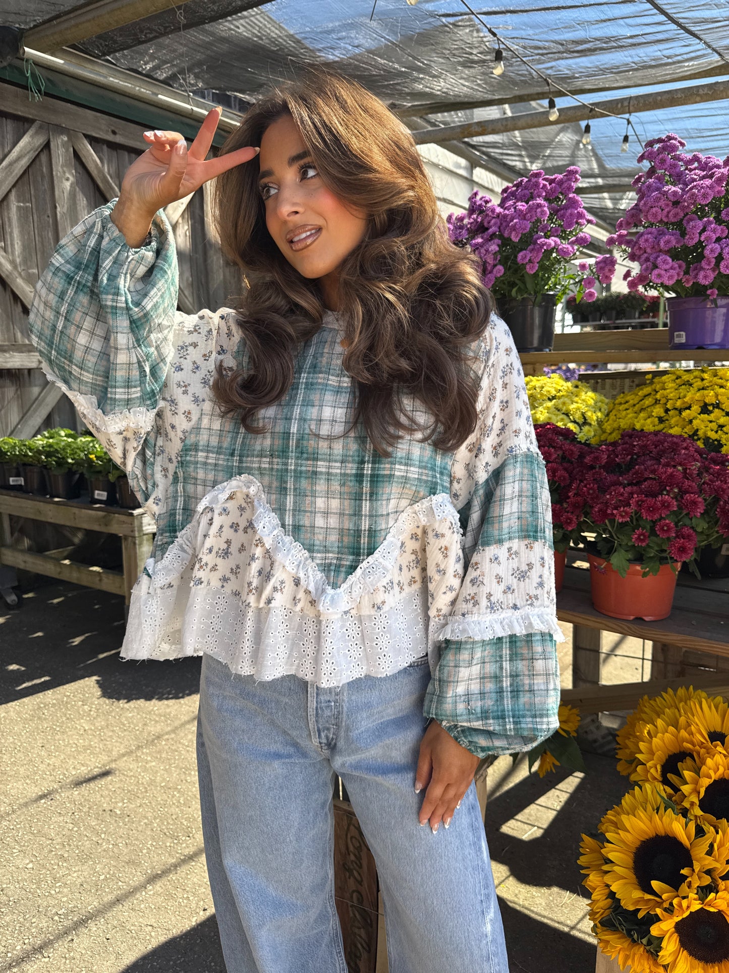 Willow Patch Plaid Ruffle Top with Balloon Sleeves PRE ORDER ADDED