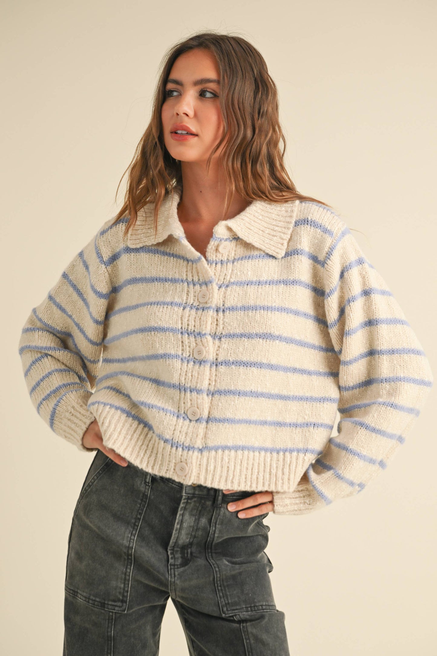 SKY BUTTONDOWN STRIPED KNITTED CARDIGAN