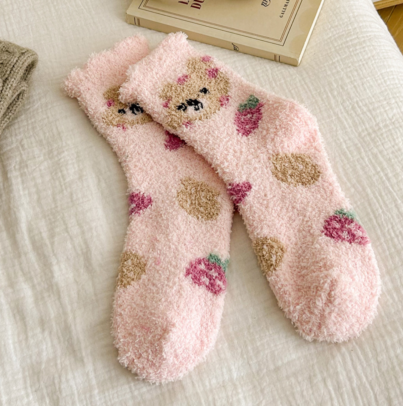 Assorted Fuzzy Cozy Bear Strawberry Socks for Women