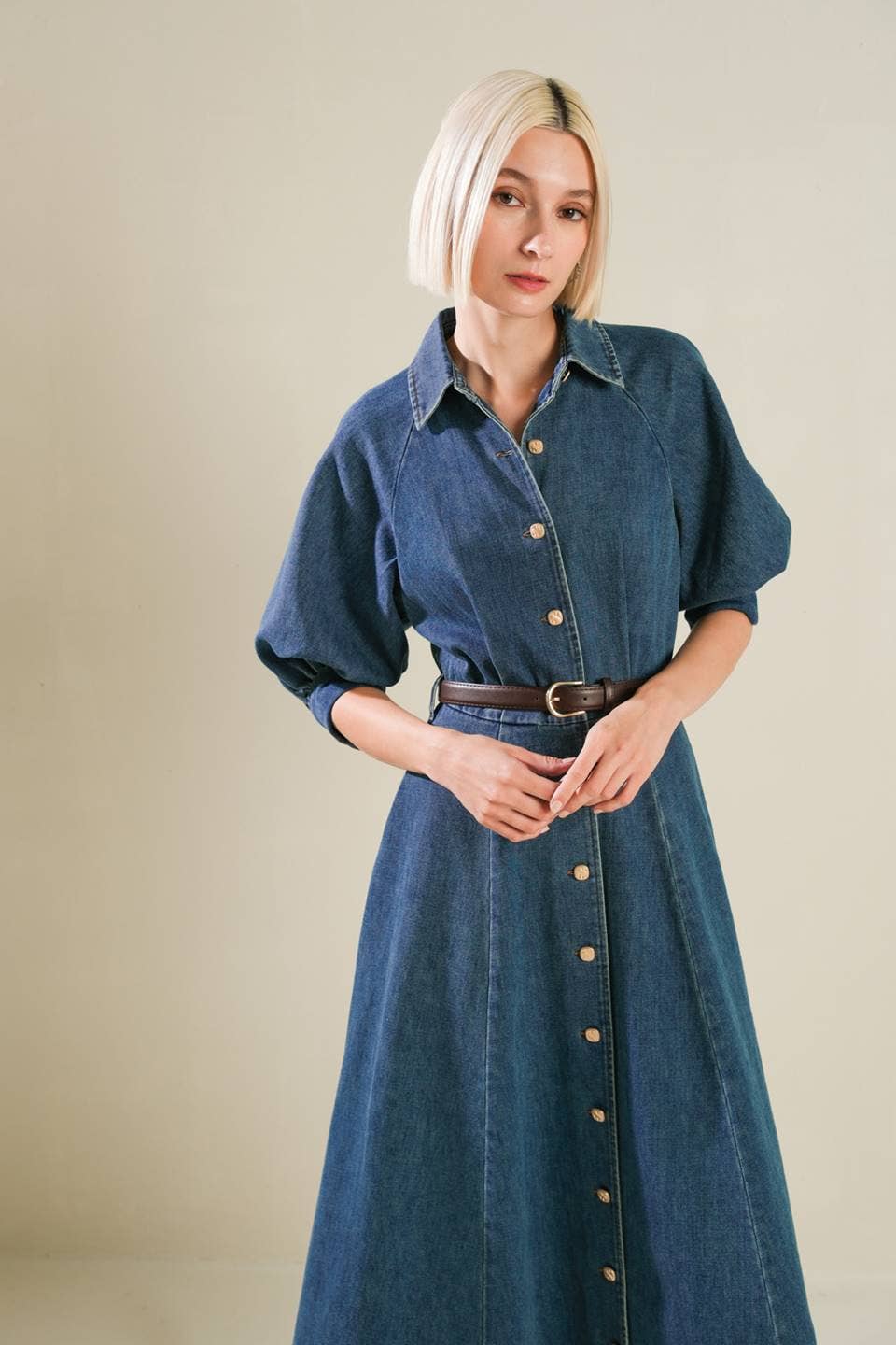 Denim Puff Sleeve Belted Midi