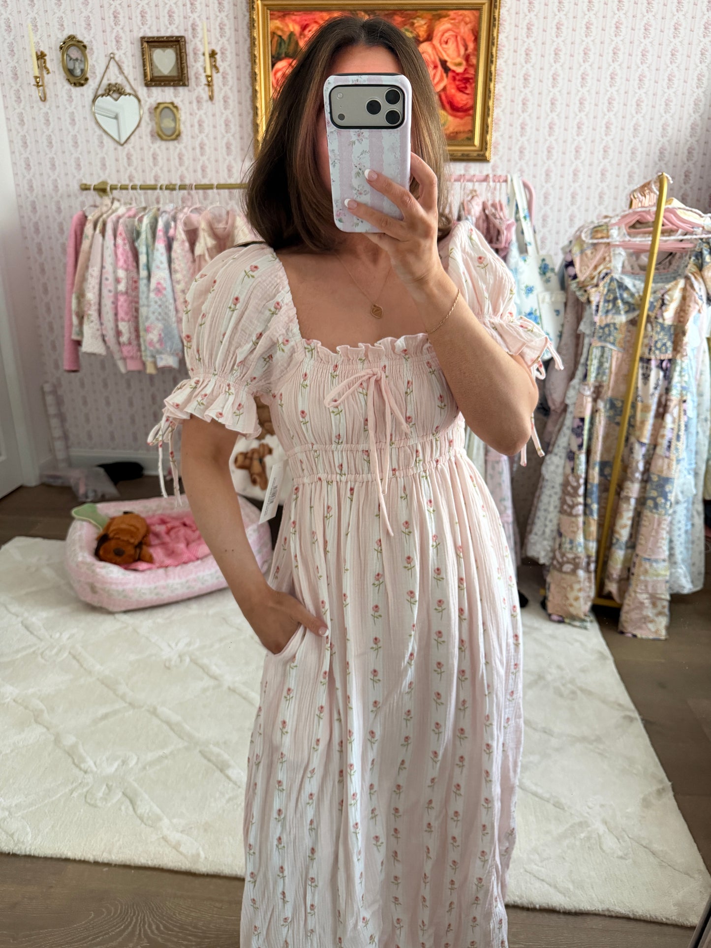 Pink Cotton Puff Sleeve Dress XS