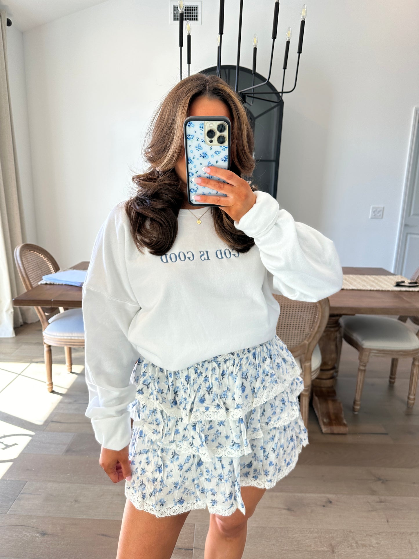 Floral blue and white mini skirt