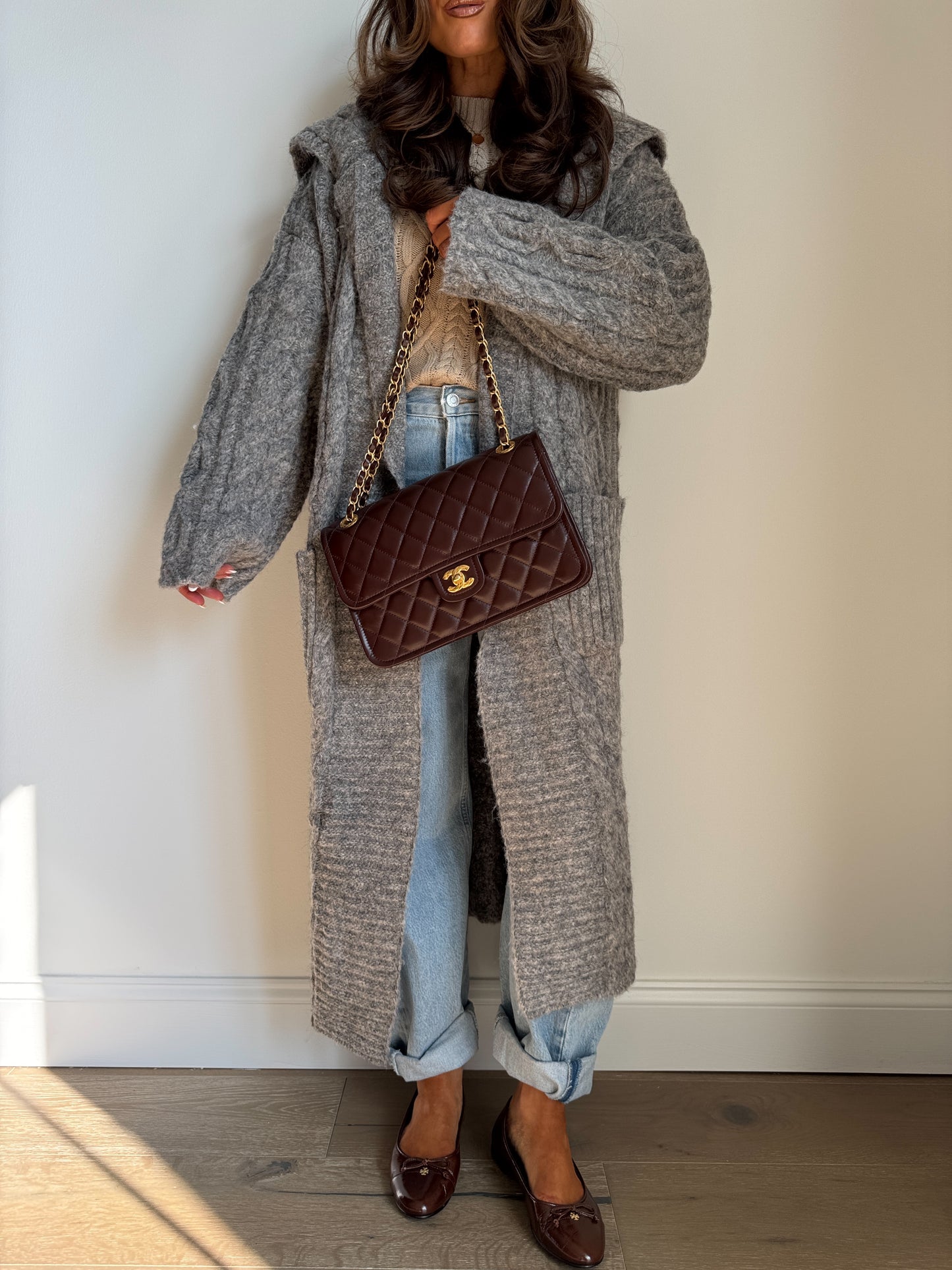 Heathered Cableknit Grey Coat Cardigan