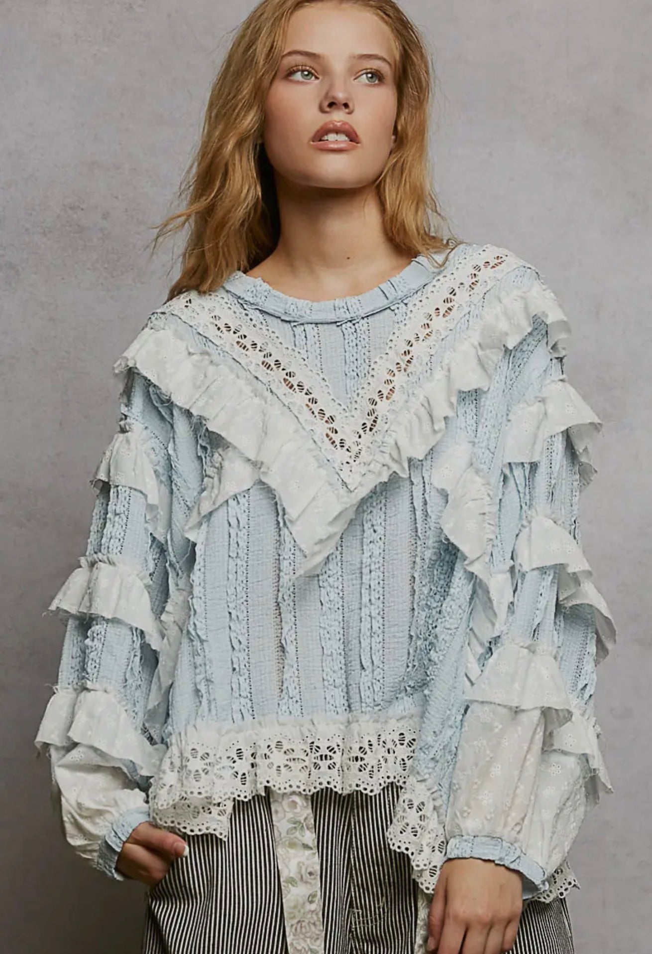 All In The Details Blouse (Cream & Ice Blue)