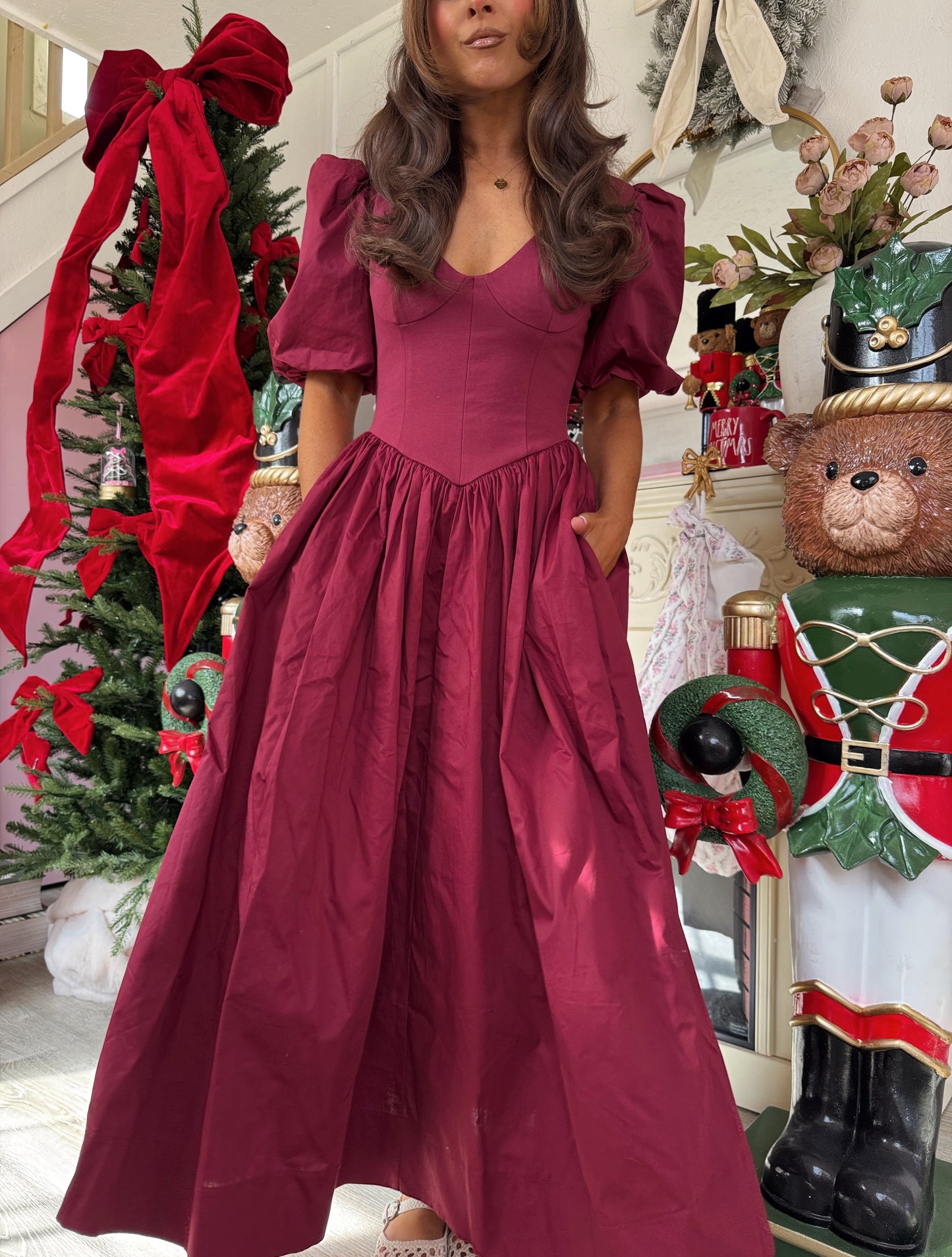 Holly Berry Puff Sleeve Midi Dress PRE ORDER ADDED