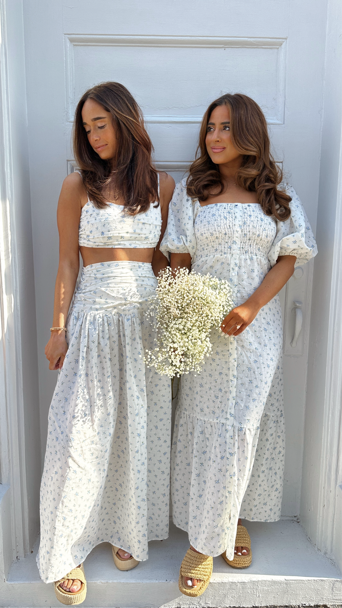 Blue and Ivory Garden Puff Sleeve Midi Dress