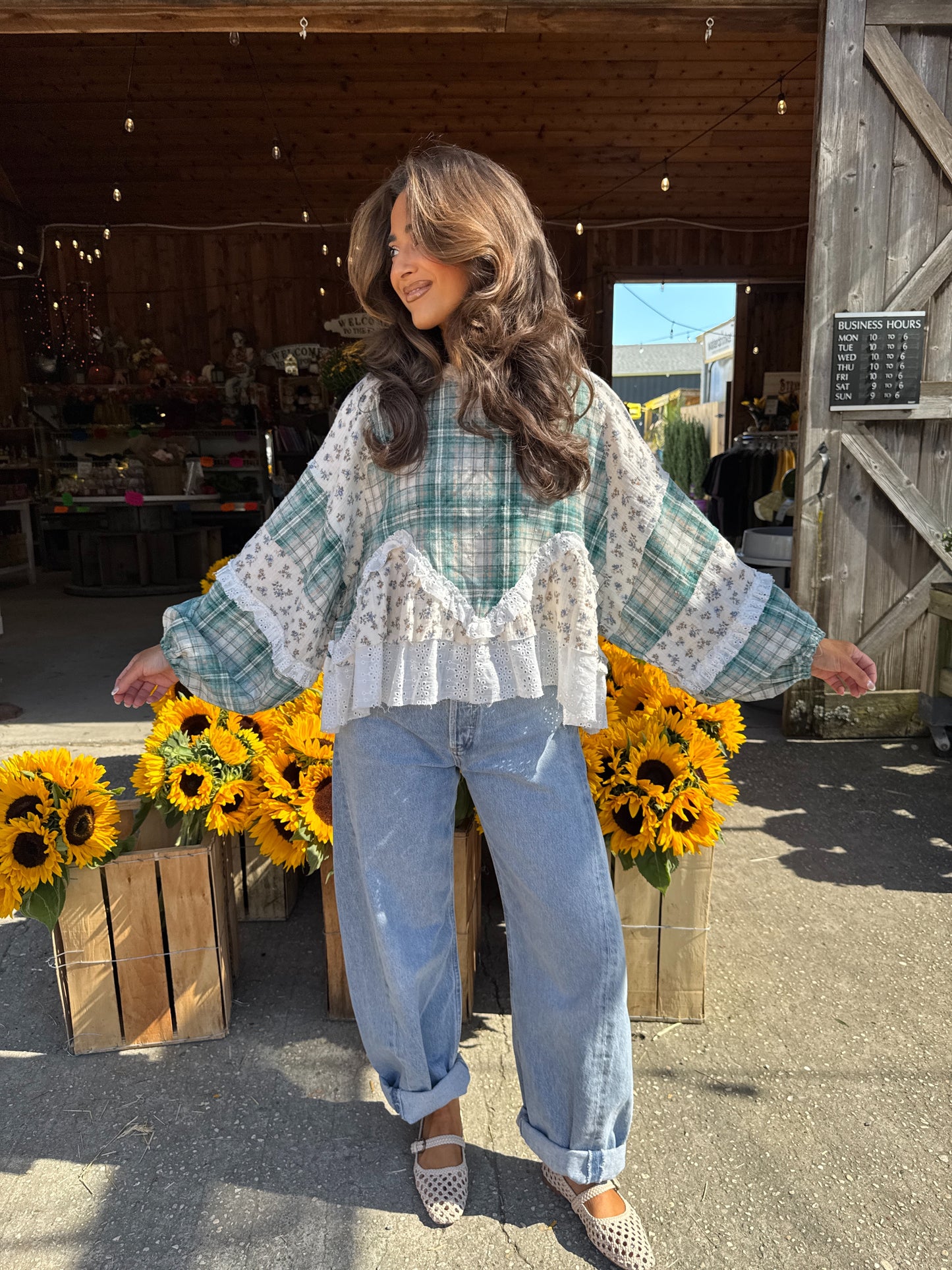 Willow Patch Plaid Ruffle Top with Balloon Sleeves PRE ORDER ADDED