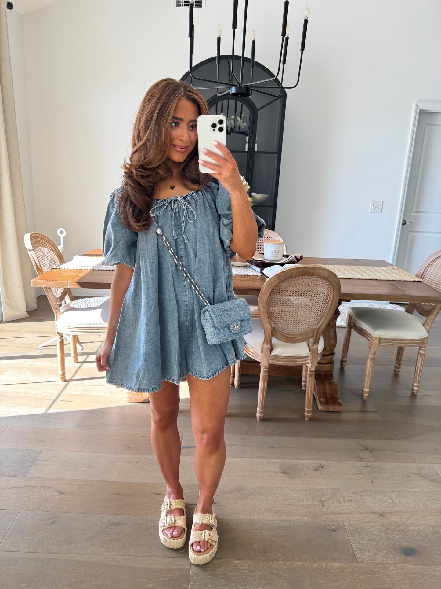 DENIM PUFF SLEEVE ROMPER PREORDER 4/30