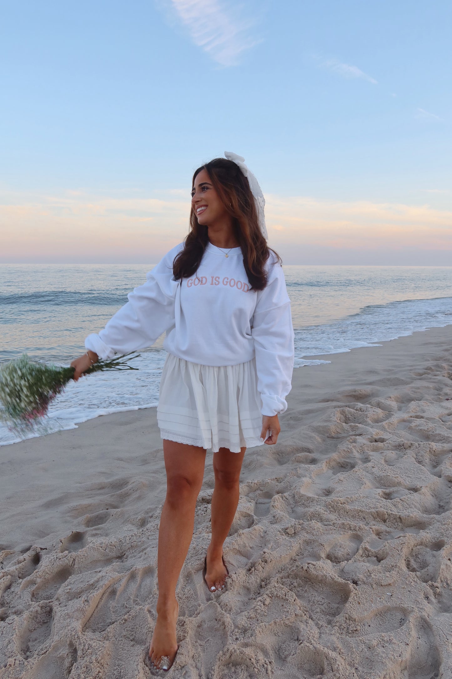 God is Good embroidered crew (white with pink text)