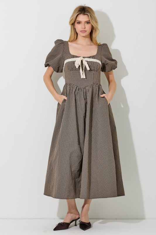 Maple Ave Gingham Puff Sleeve Midi Brown