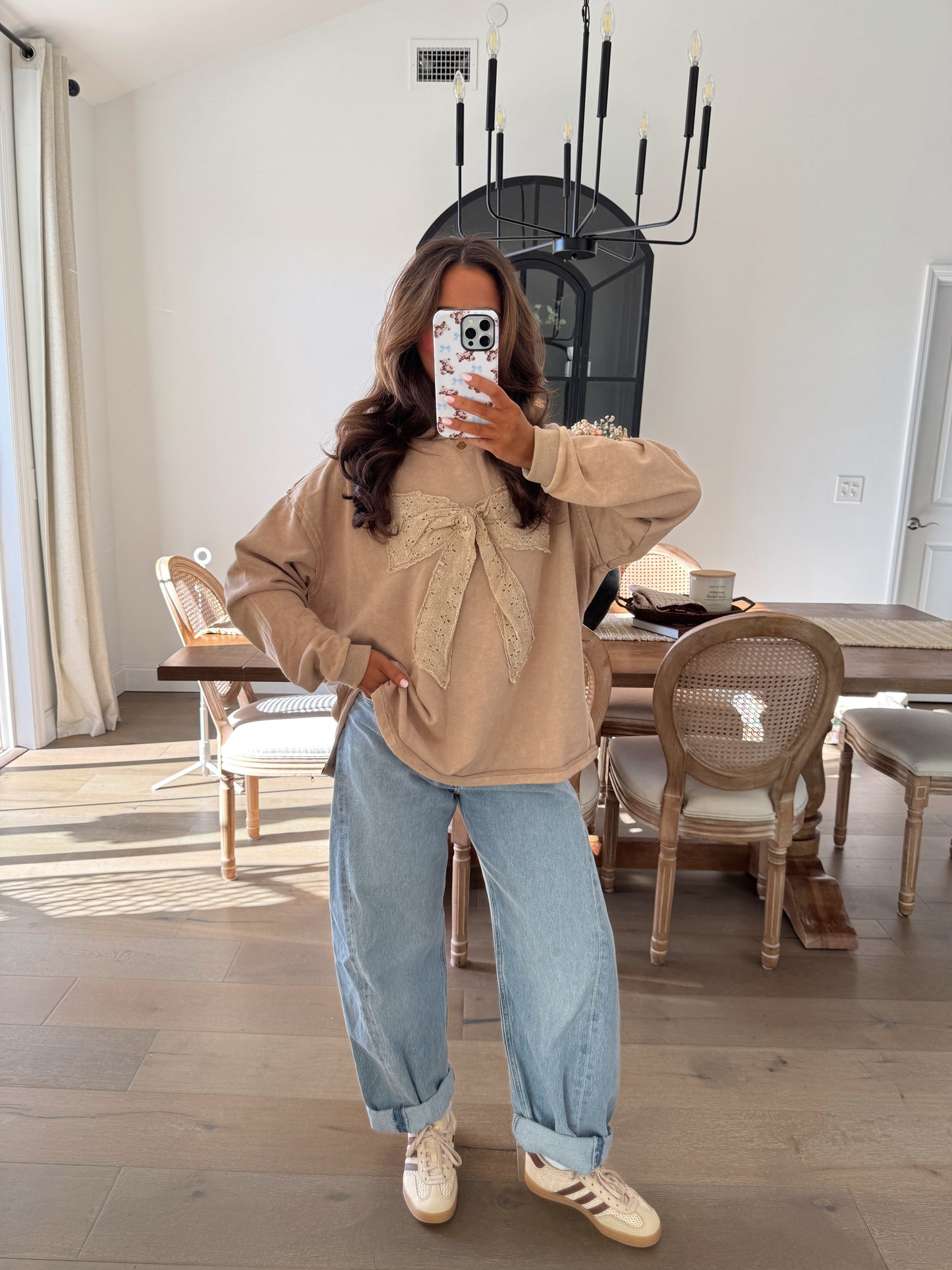 Taupe & Bow Eyelet Crewneck