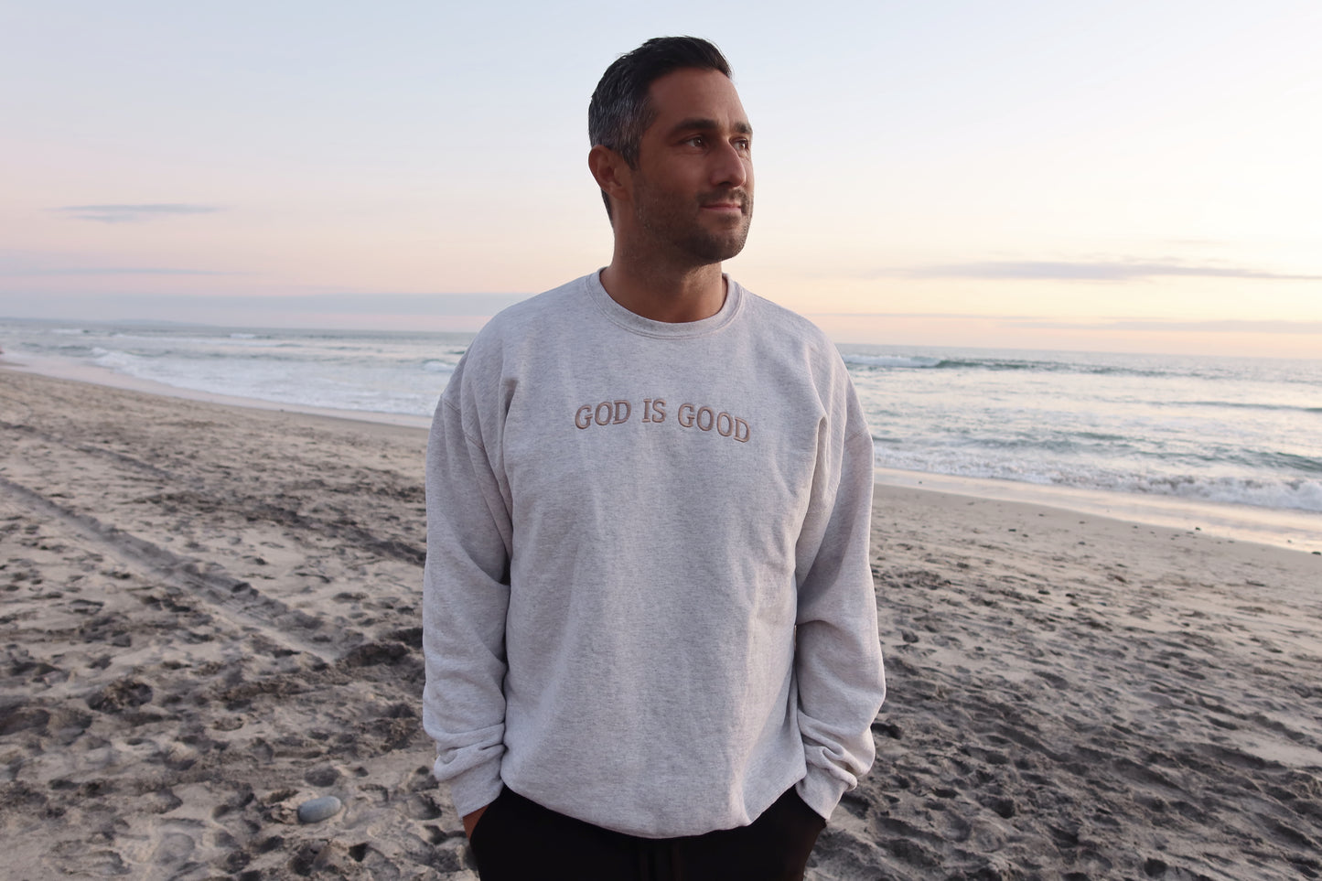 God Is Good Oatmeal Embroidered Crew 🤍