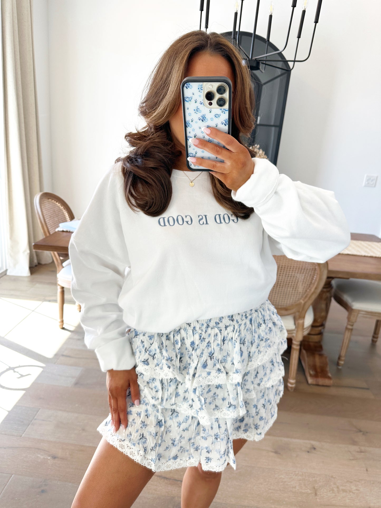 Floral blue and white mini skirt