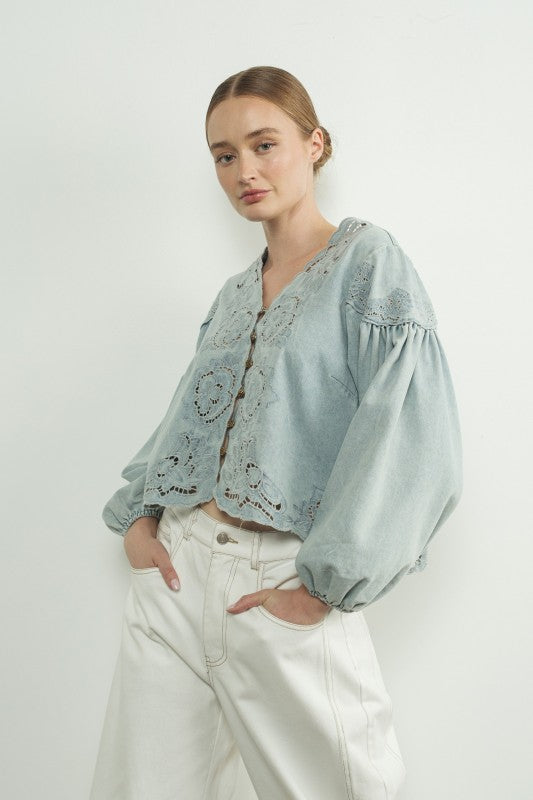 Denim Eyelet Twirl Vintage Top