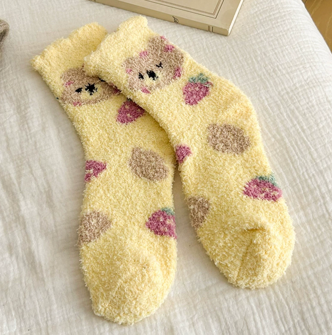 Assorted Fuzzy Cozy Bear Strawberry Socks for Women