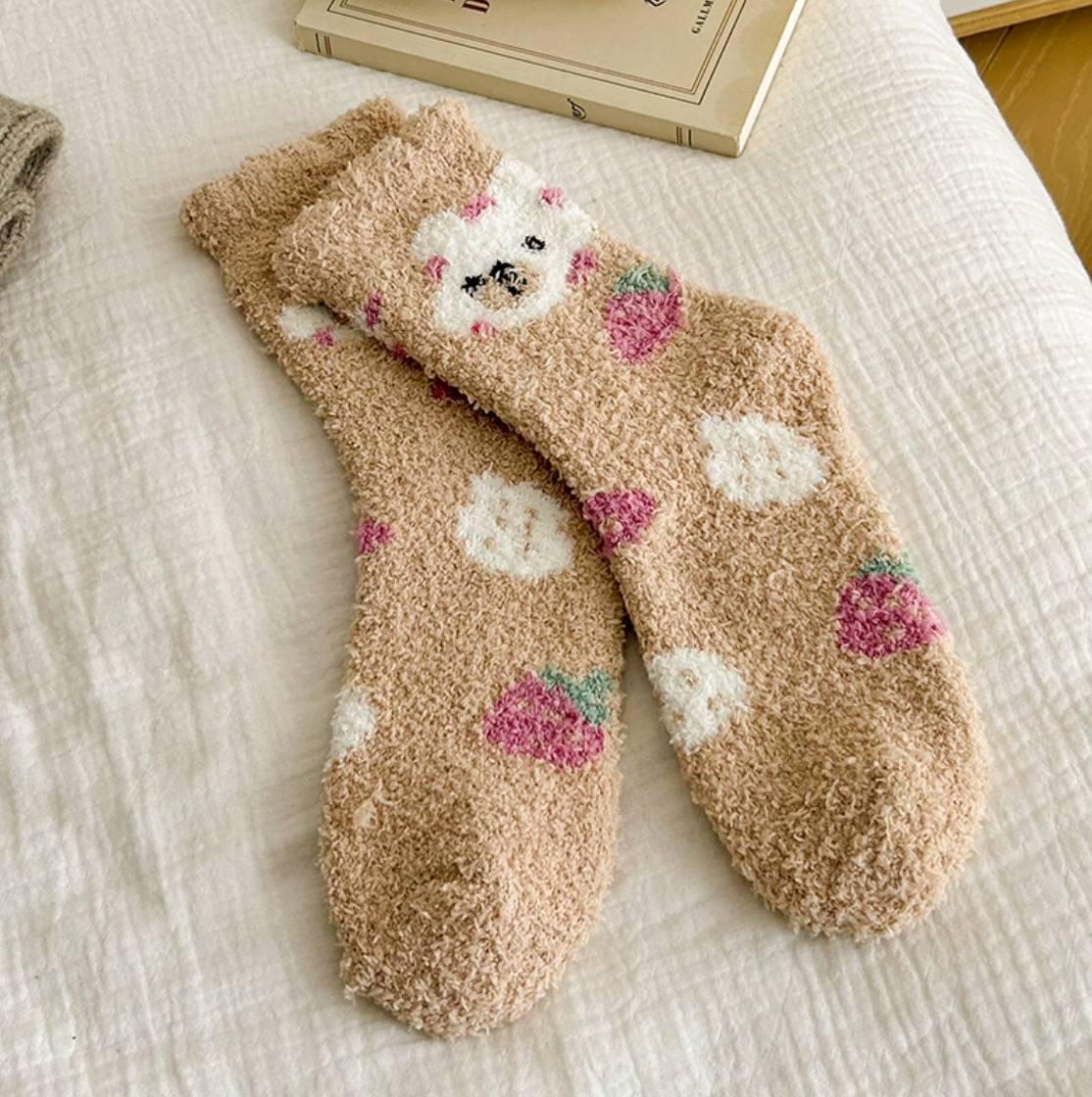 Assorted Fuzzy Cozy Bear Strawberry Socks for Women