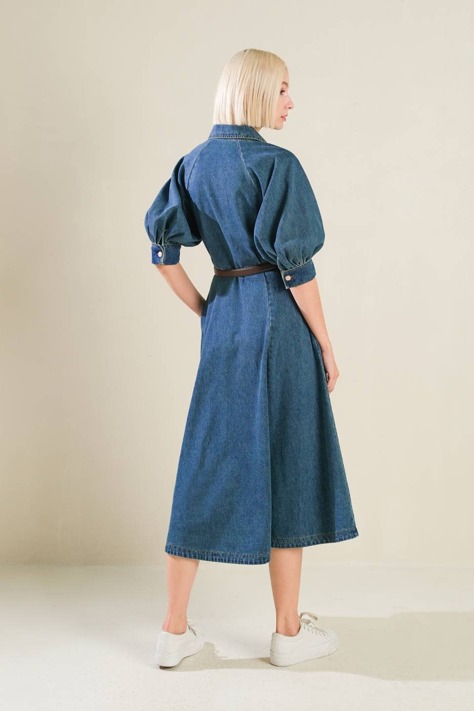 Denim Puff Sleeve Belted Midi