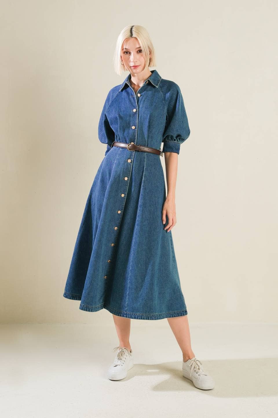 Denim Puff Sleeve Belted Midi