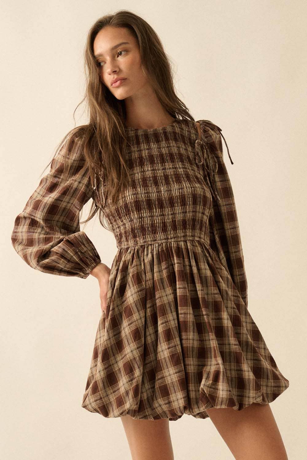 Pumpkin Butter Plaid Puff Mini Dress (Caramel) PRE ORDER 10/6