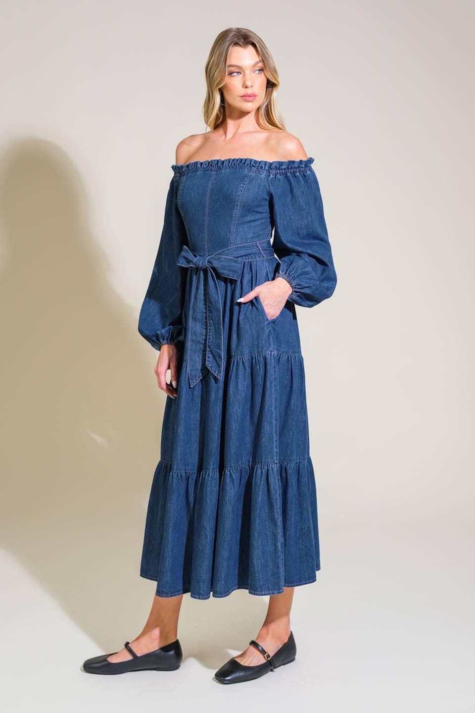 Denim Off The Shoulder Midi Dress