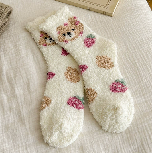 Assorted Fuzzy Cozy Bear Strawberry Socks for Women