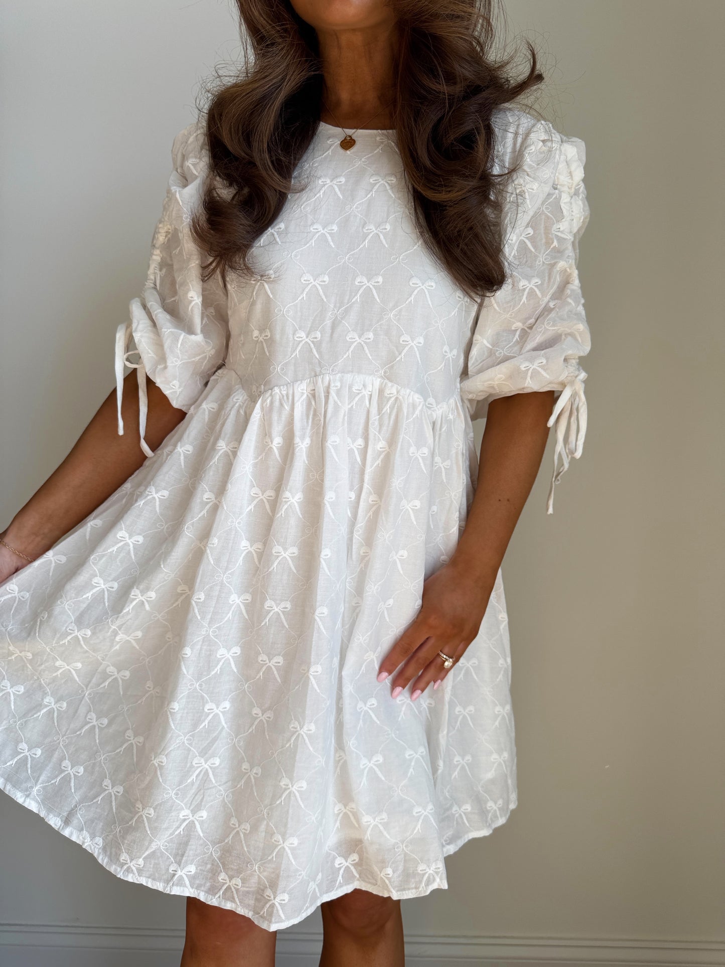 White Rose Bow Embroidered Babydoll Dress