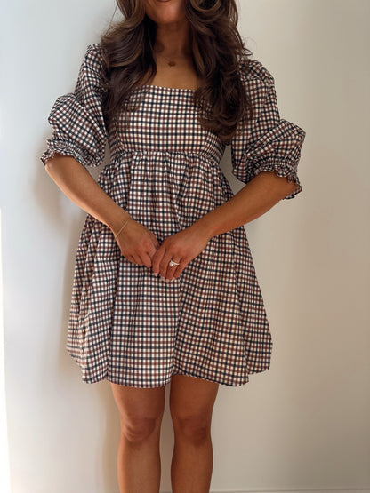 Brown Sugar Gingham Puff Sleeve Dress (pre order added for September 30)