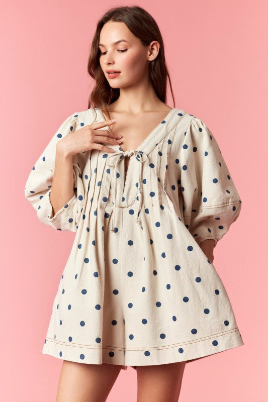 Sweet Denim Polka Dot Romper Oat & Navy LAST RESTOCK